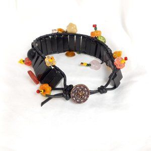 Woven Bracelet with Black Onyx Beads, Flower Bead Accents, Antique Button